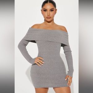 Grey Over The Shoulder Mini Sweater Dress